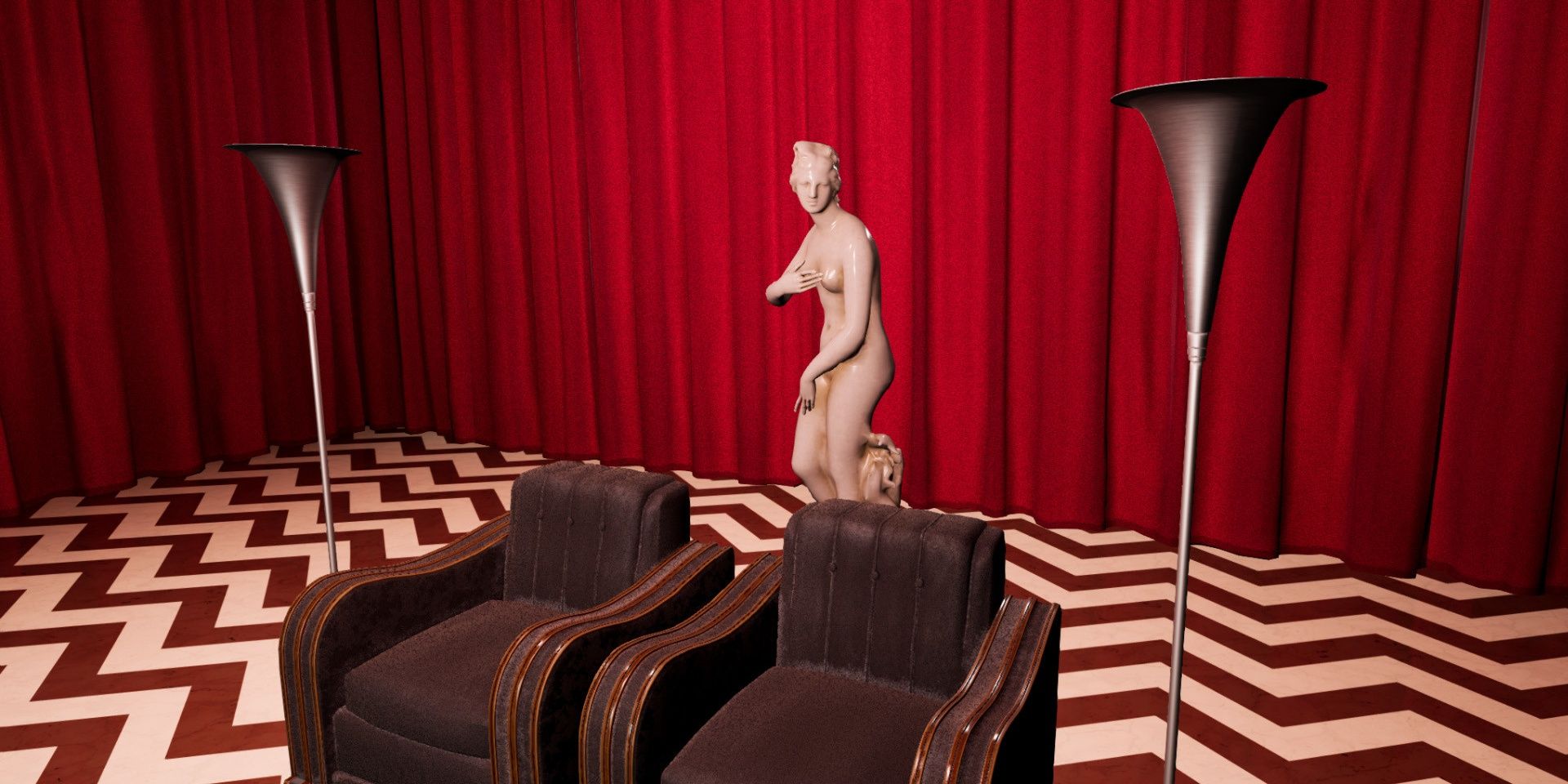 A scene inside the Red Room featuring the 2 seats and marble statue