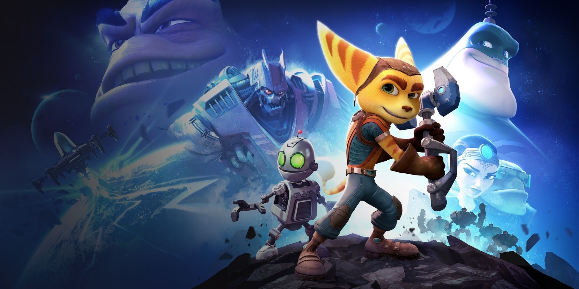 Key Art showing Clank (left) and Ratchet (right). Side characters from the game are in the back ground