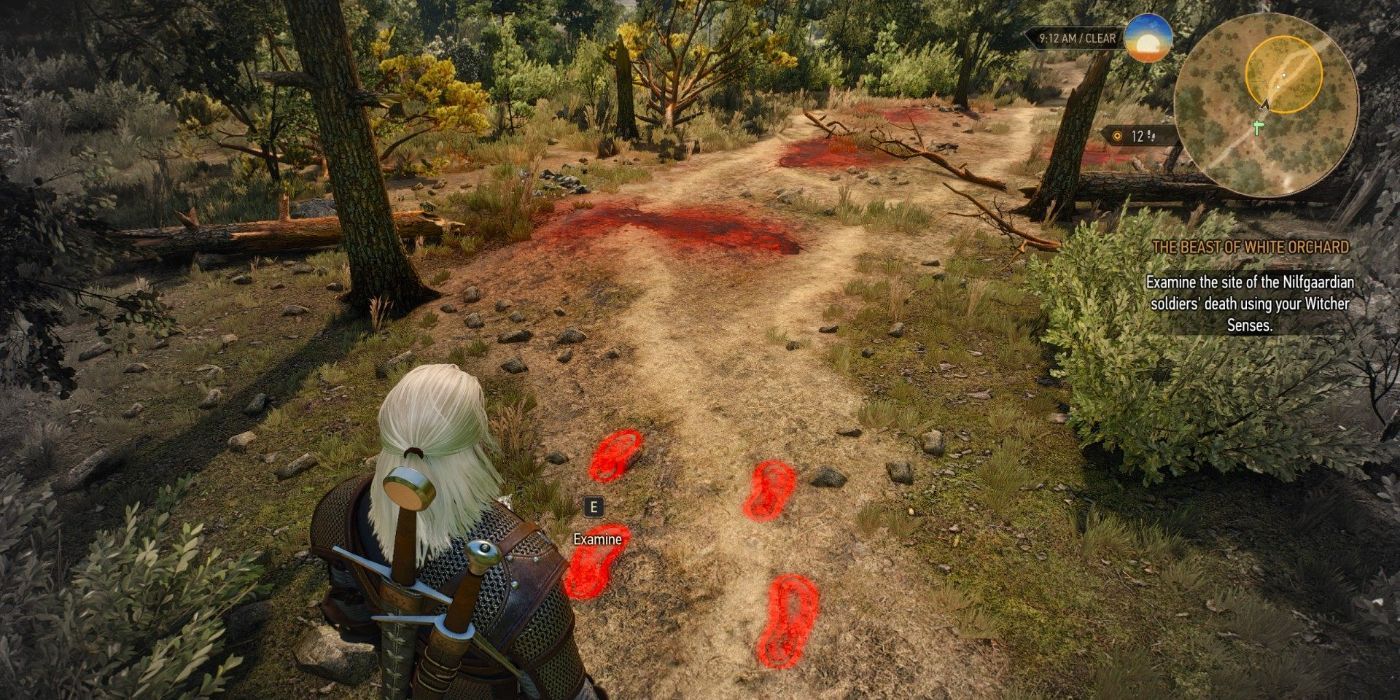 Geralt examines the attack site using witcher sense