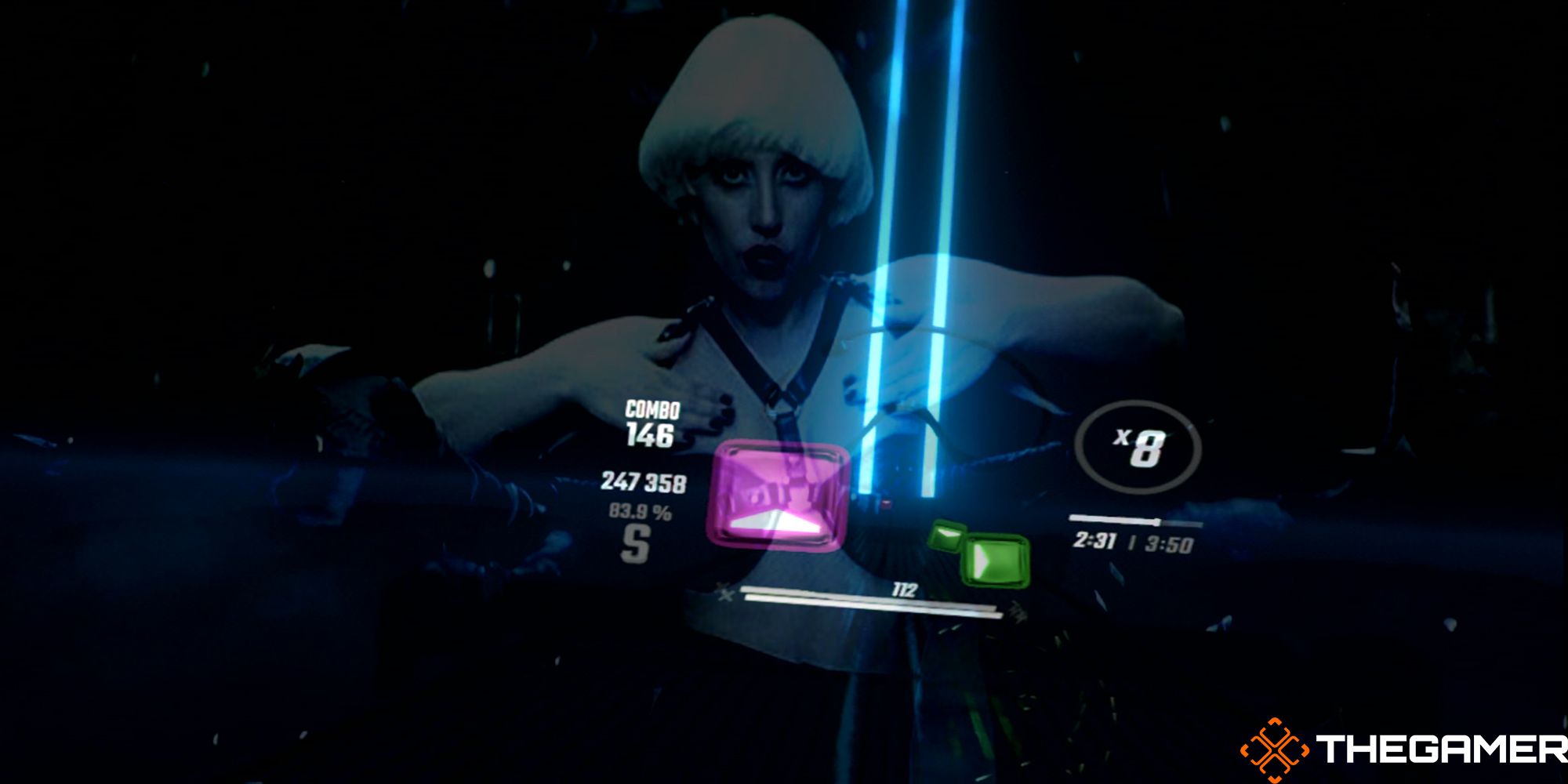 Custom image of gameplay overlayed with Lady Gaga's "Alejandro" music video.