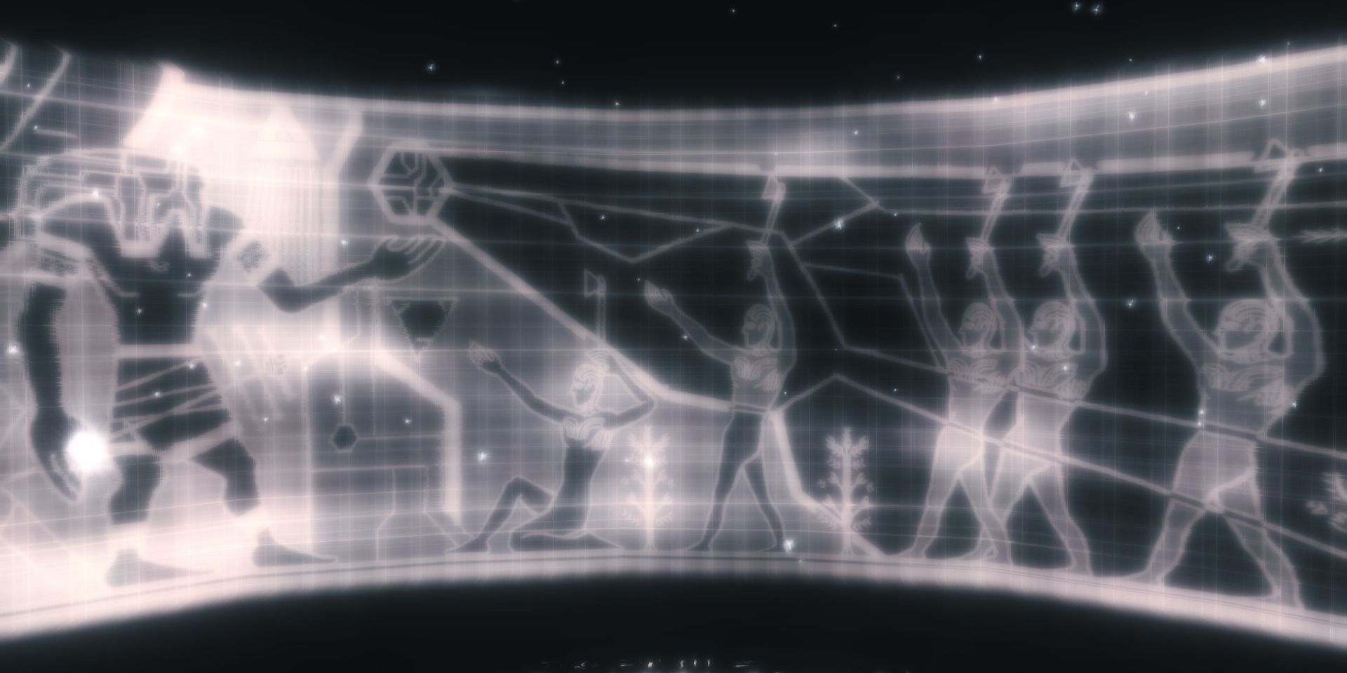 A screenshot showing a mural depicting the Human-Isu War in Assassin's Creed