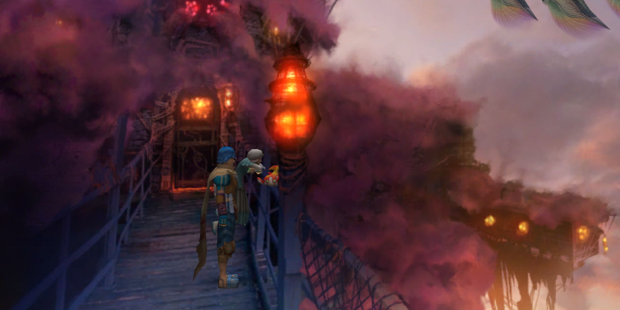 A screenshot from Baten Kaitos: Eternal Wings and the Lost Ocean, showing Kalas staring over a sea of clouds