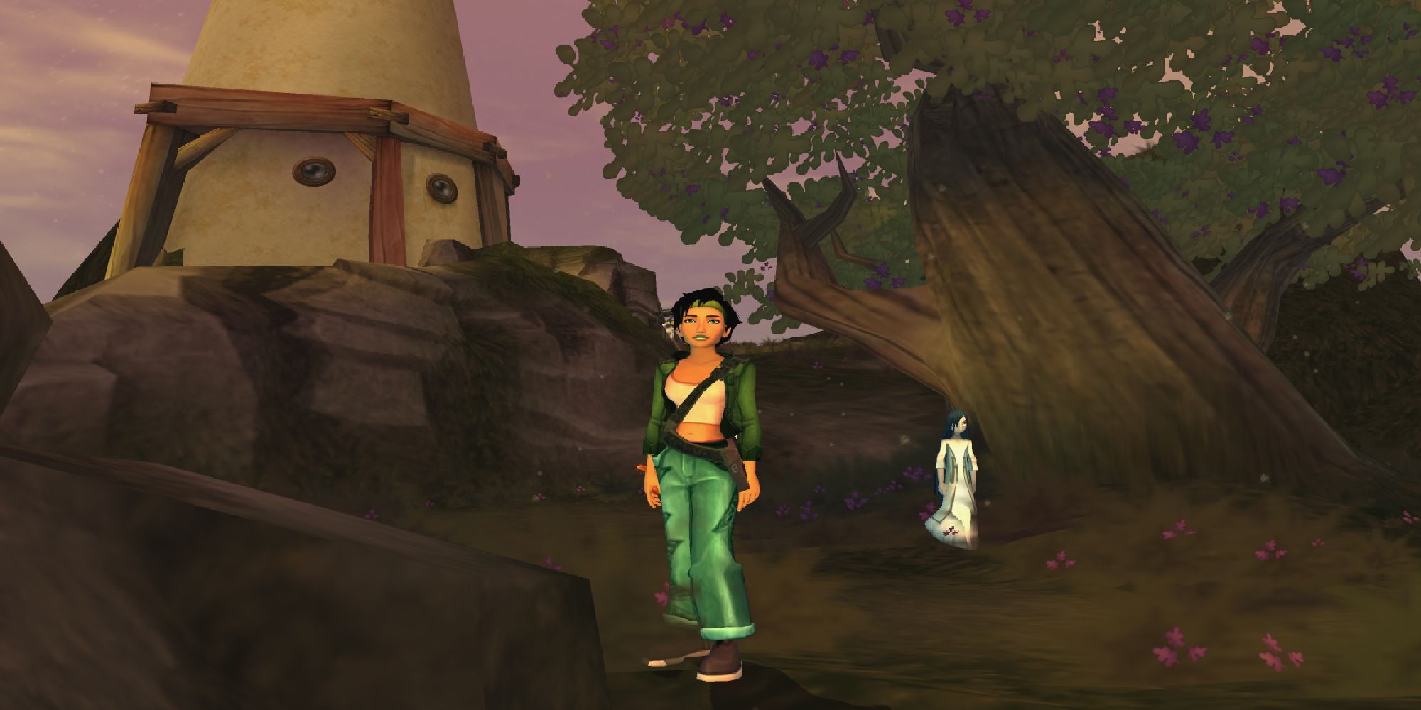 Jade gazes at the sunrise with one of the children in her care in Beyond Good & Evil