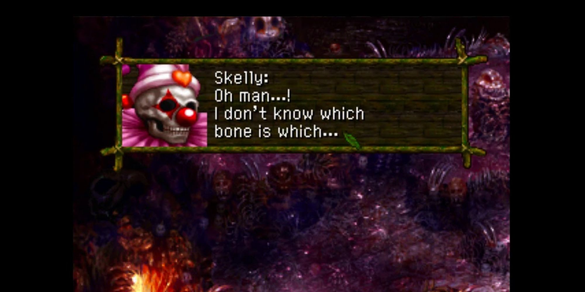 A screenshot from Chrono Cross, showing Skelly saying that he's not sure which of his bones goes where