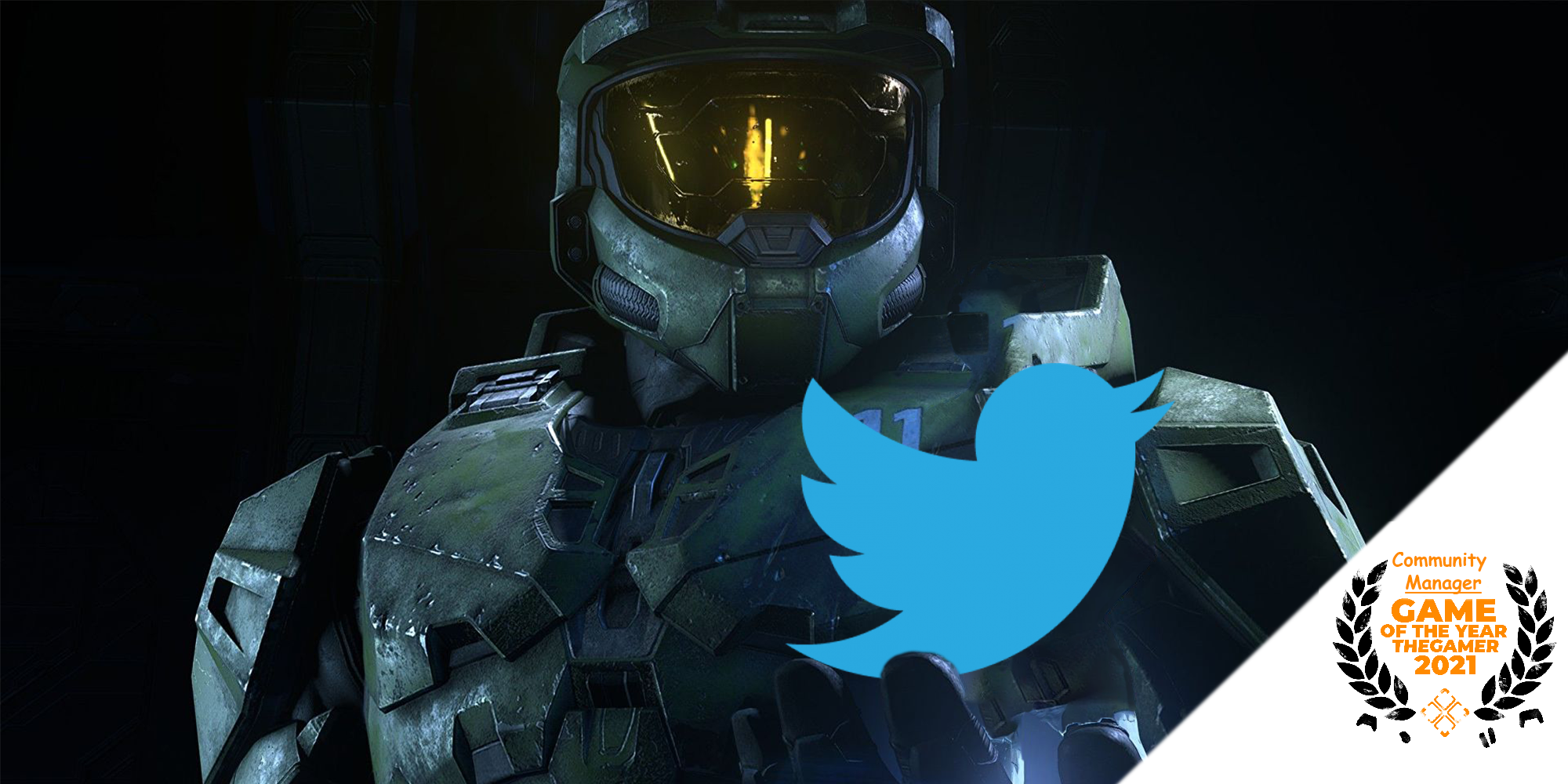 Master Chief stands with his hand out. The Twitter logo is held in his hand. Bottom Right is a logo that says "Game of the Year" TheGamer 2021.