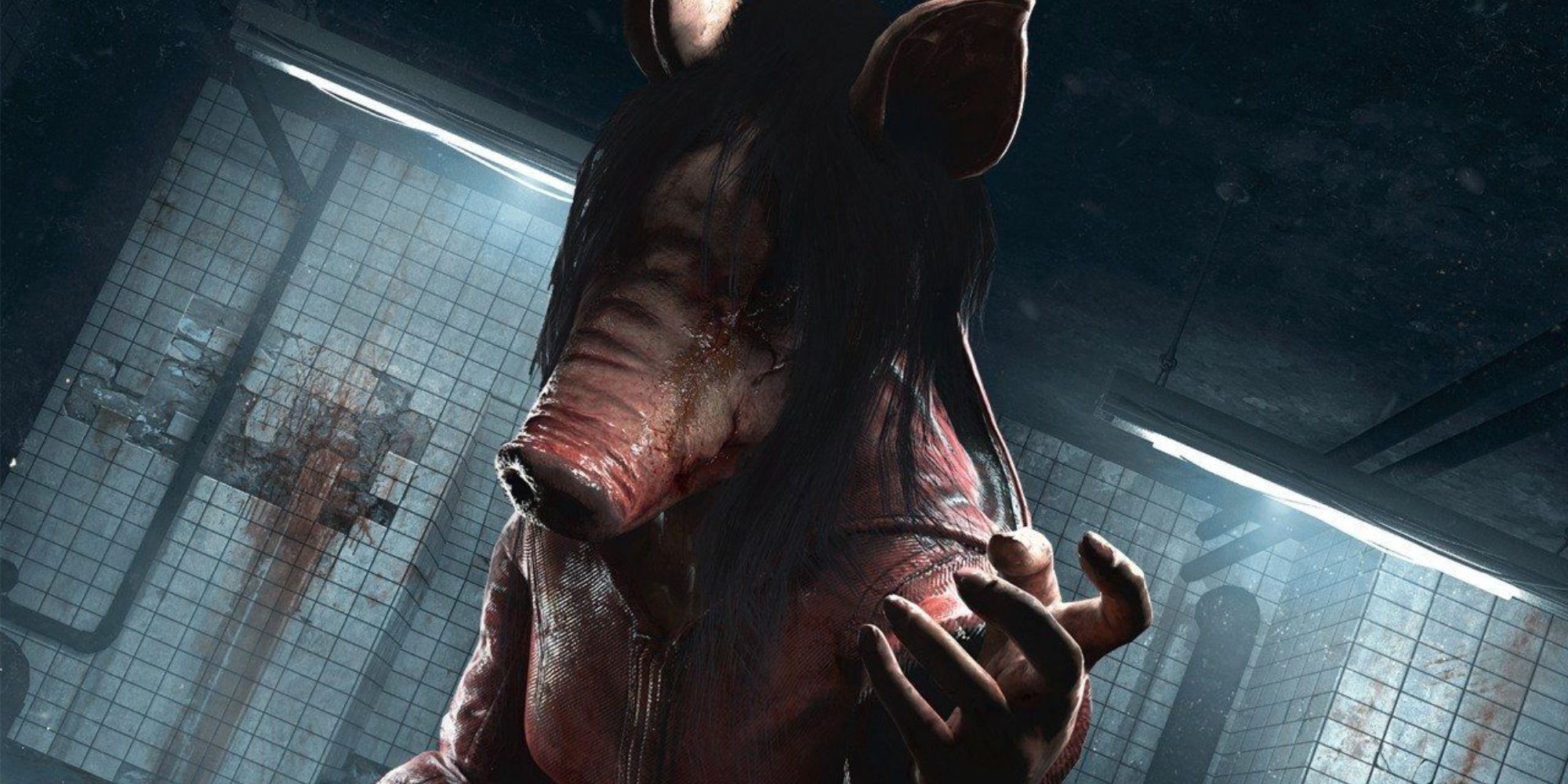 dead by daylight the pig close up against blood stained tiles