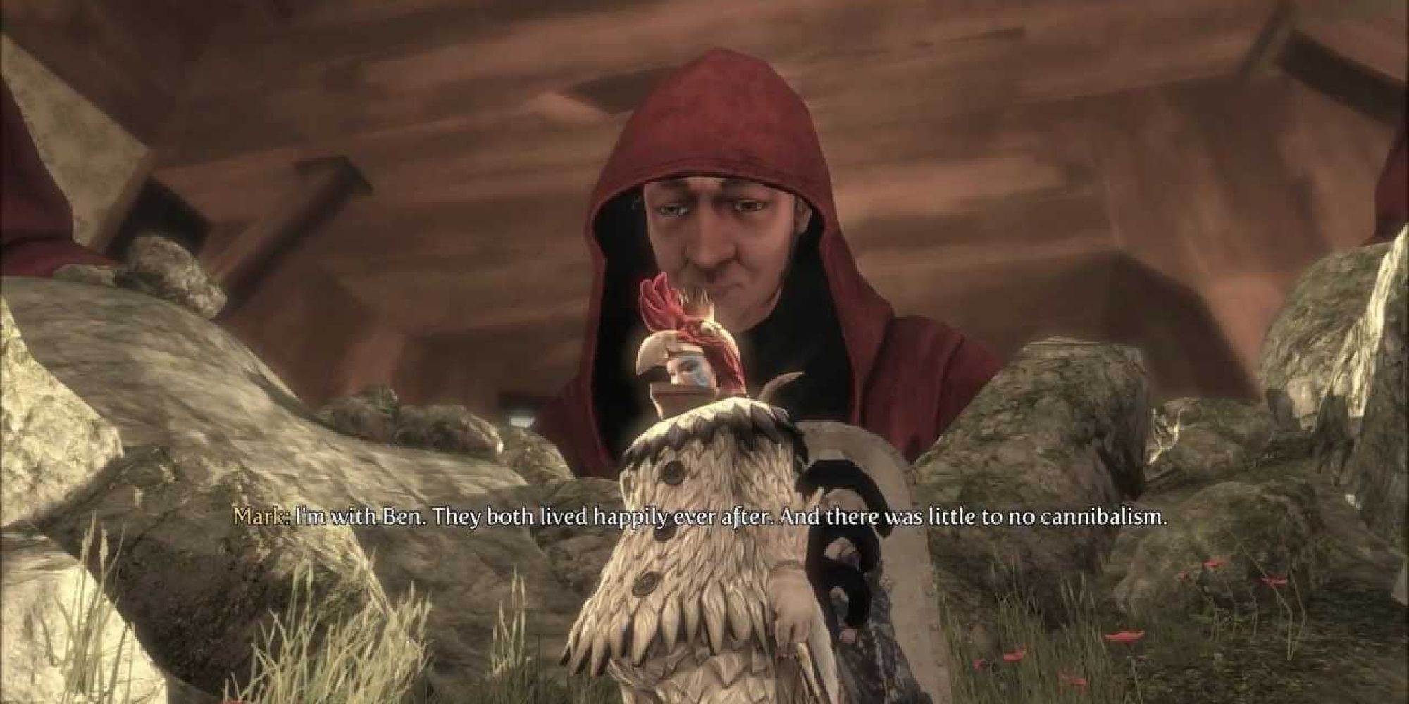 A screenshot from the "The Game" quest in Fable 3. Mark, one of the game-players, says that two of the characters in the game live happily ever after, and there is no cannibalism