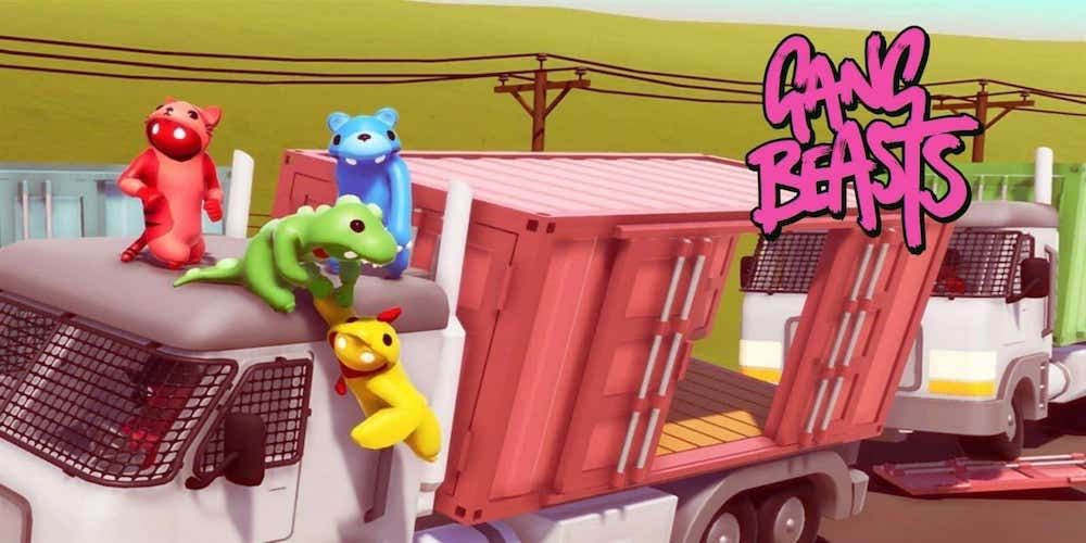 Gang Beasts four characters in animal suits fighting to stay on top of moving truck