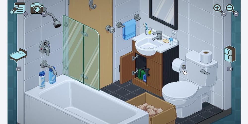 Unpacking screenshot a pristine-looking bathroom with a box of supplies on the floor