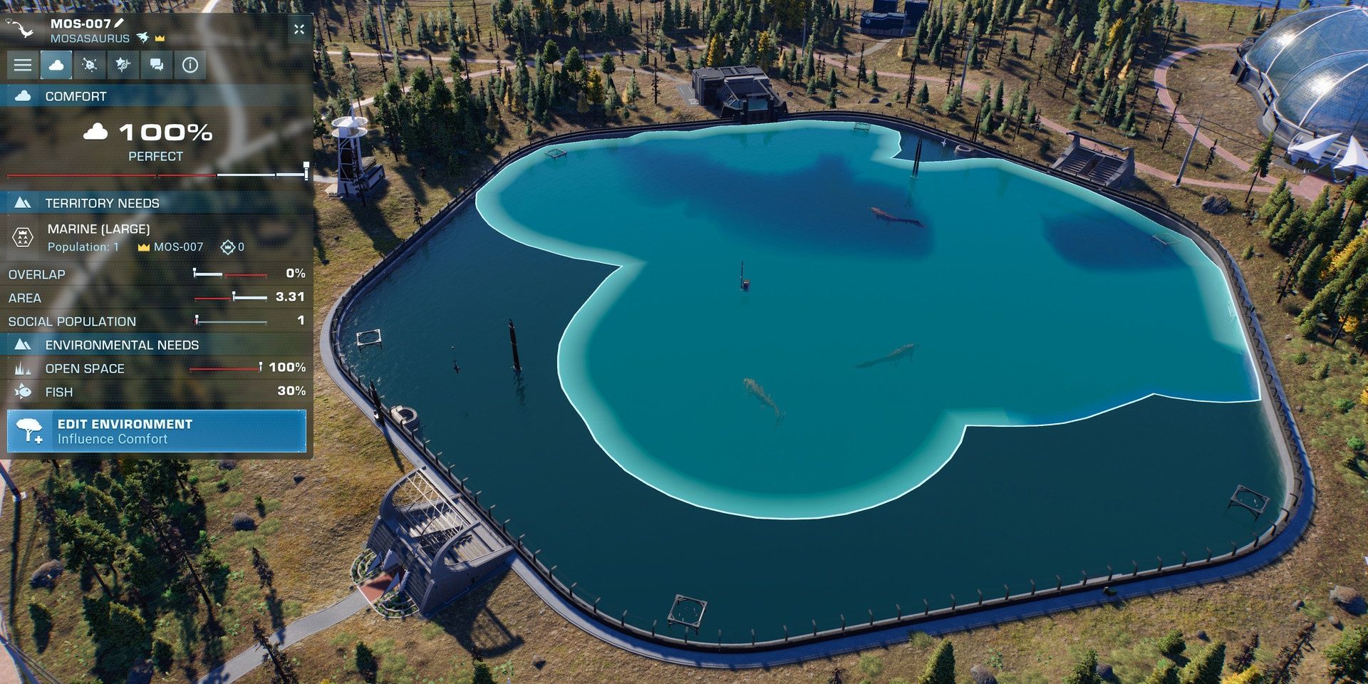 A screenshot showing gameplay in Jurassic World Evolution 2