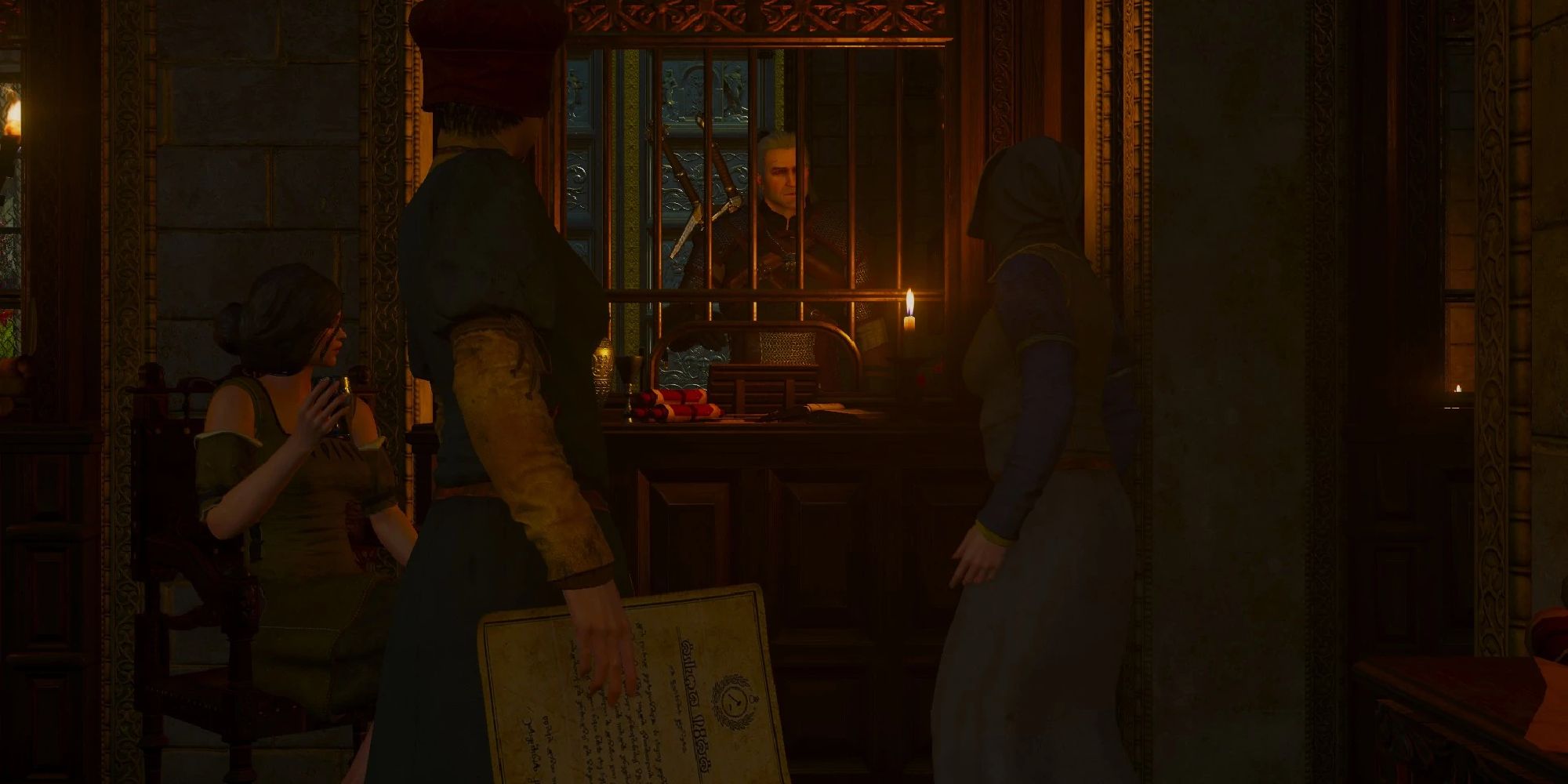 A screenshot from the Paperchase quest in The Witcher 3: Blood and Wine, showing Geralt of Rivia stuck in line at the bank