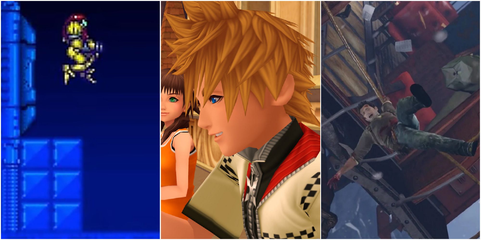 A collage of images from Super Metroid, Kingdom Hearts 2, and Uncharted 2: Among Thieves