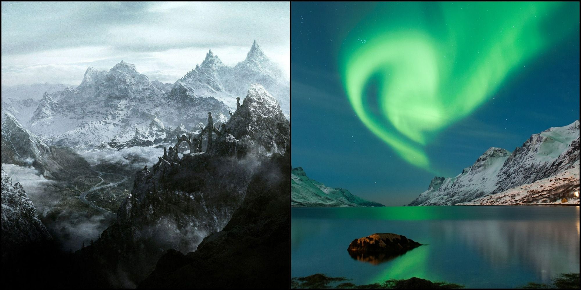 Skyrim on the left and Norway with the northern lights on the right