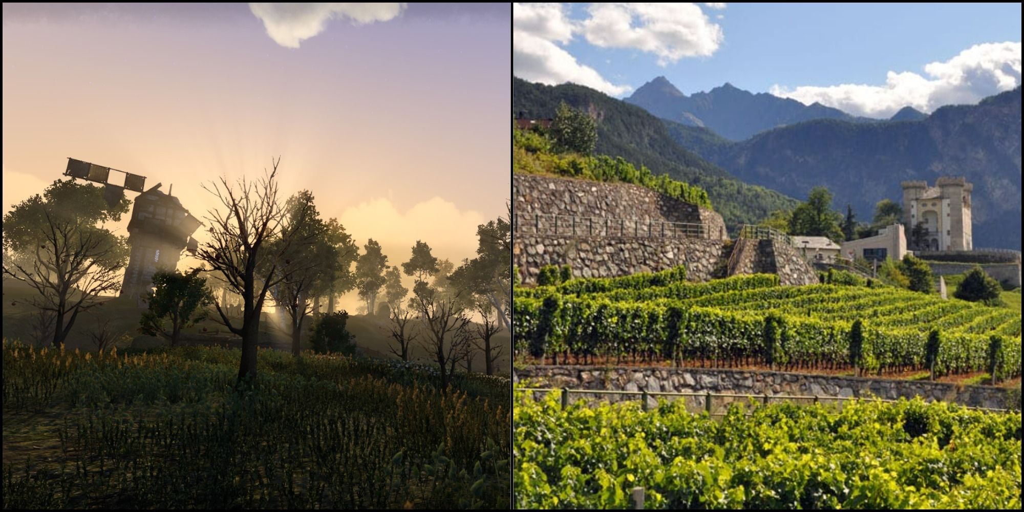 Cyrodiil to the left and the Italian countryside to the right