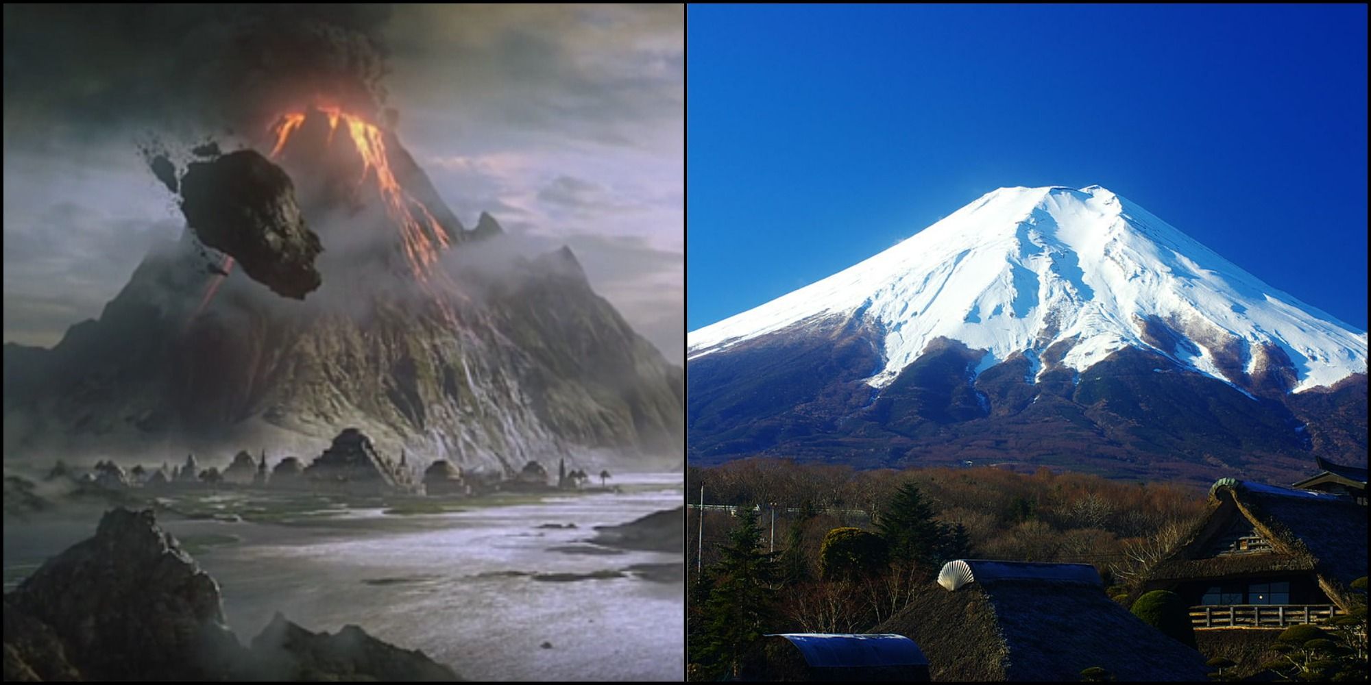 Morrowind's Red Mountain to the left and Japan's Mt. Fuji to the right