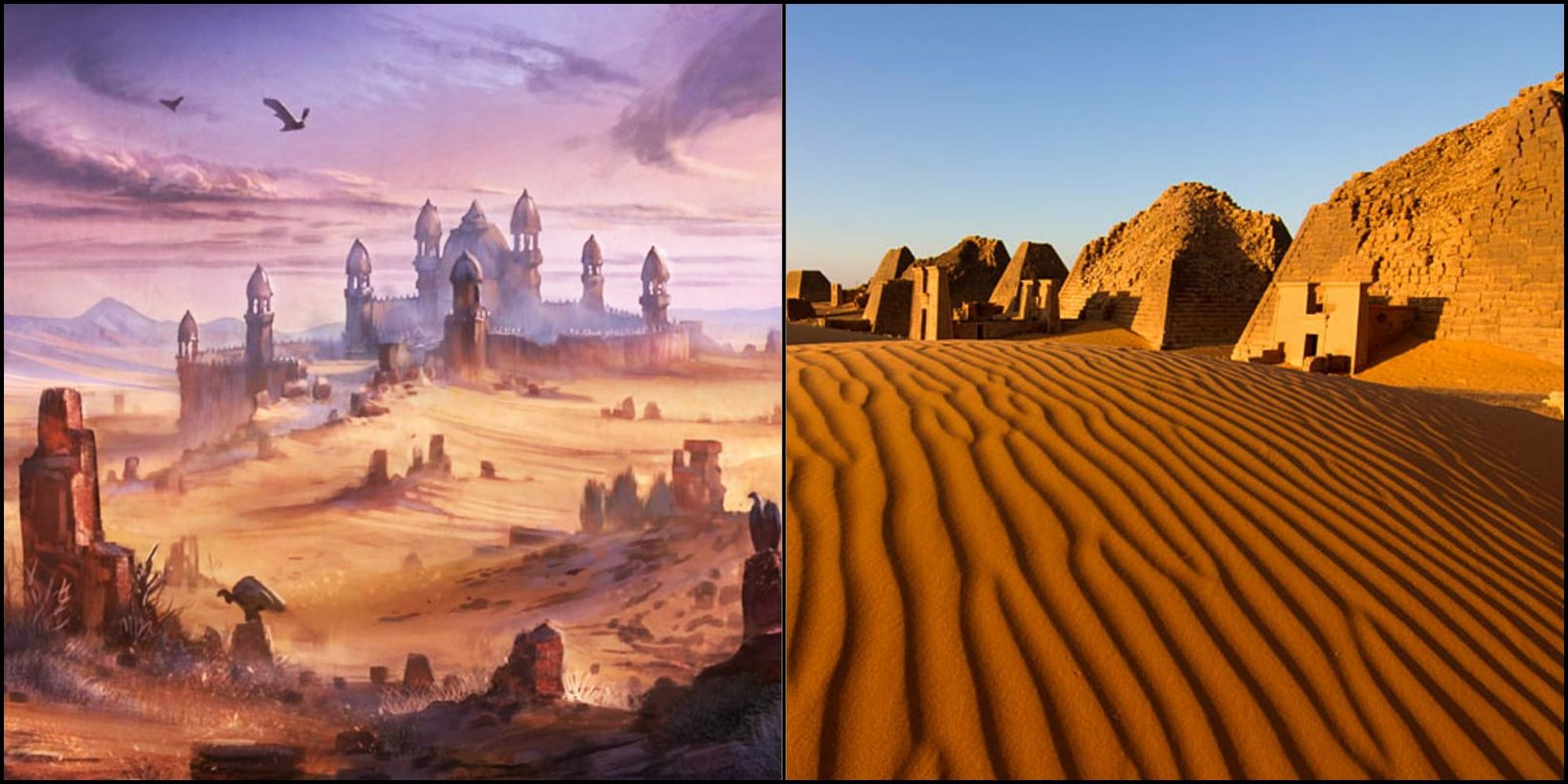 Hammerfell and a temple to the left and Sudan desert to the right