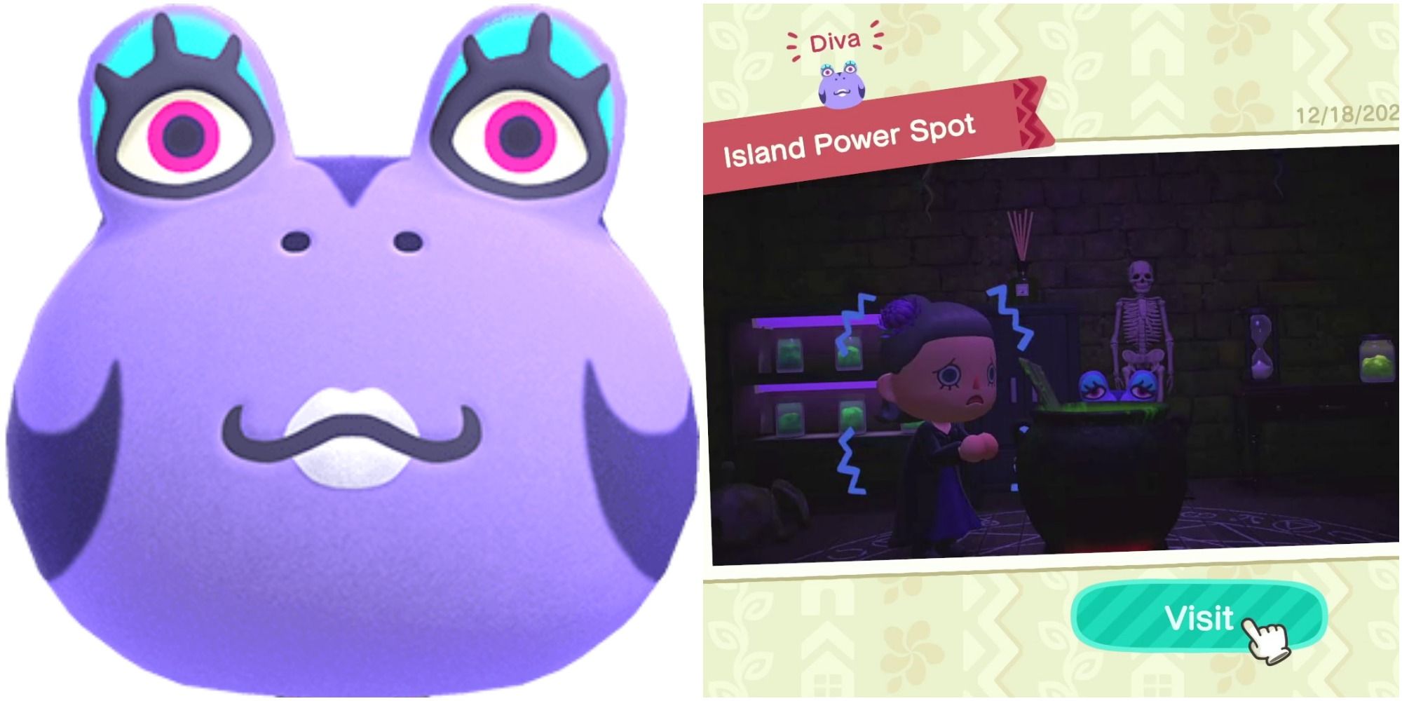 A split image of purple frog villager Diva and a villager cowering in front of a bubbling cauldron with Diva hiding behind