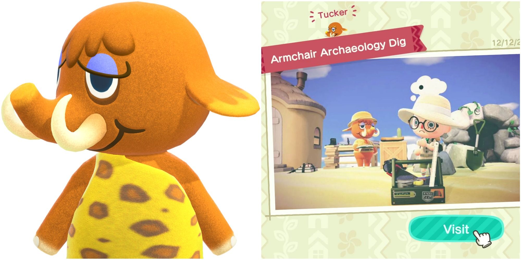 A split image of Tucker in a caveman toga, and a villager pondering in the desert with Tucker in the background