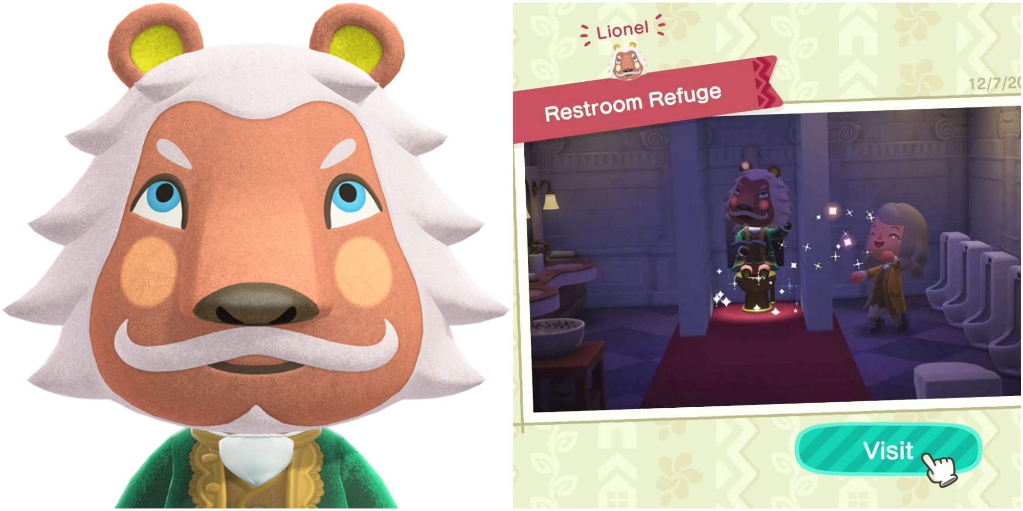 A split image of regal lion Lionel and Lionel sitting on a golden toliet in a bathroom while a villager shows him off