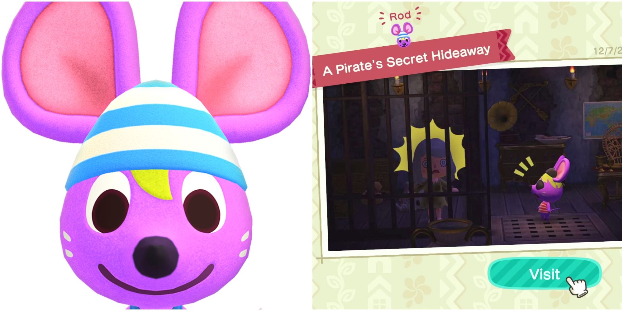 A split image of purple mouse villager Rod and a villager trapped behind jail bars as pirate Rod looks on