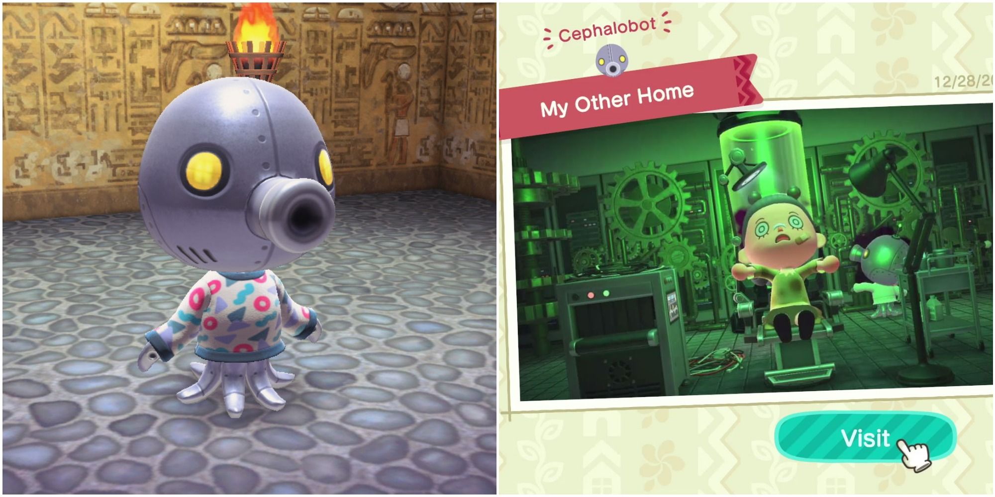 A split image of robot squid villager Cephalobot in an ancient ruin room, and a villager in an experiment chair of a green lab with Cephalobot behind