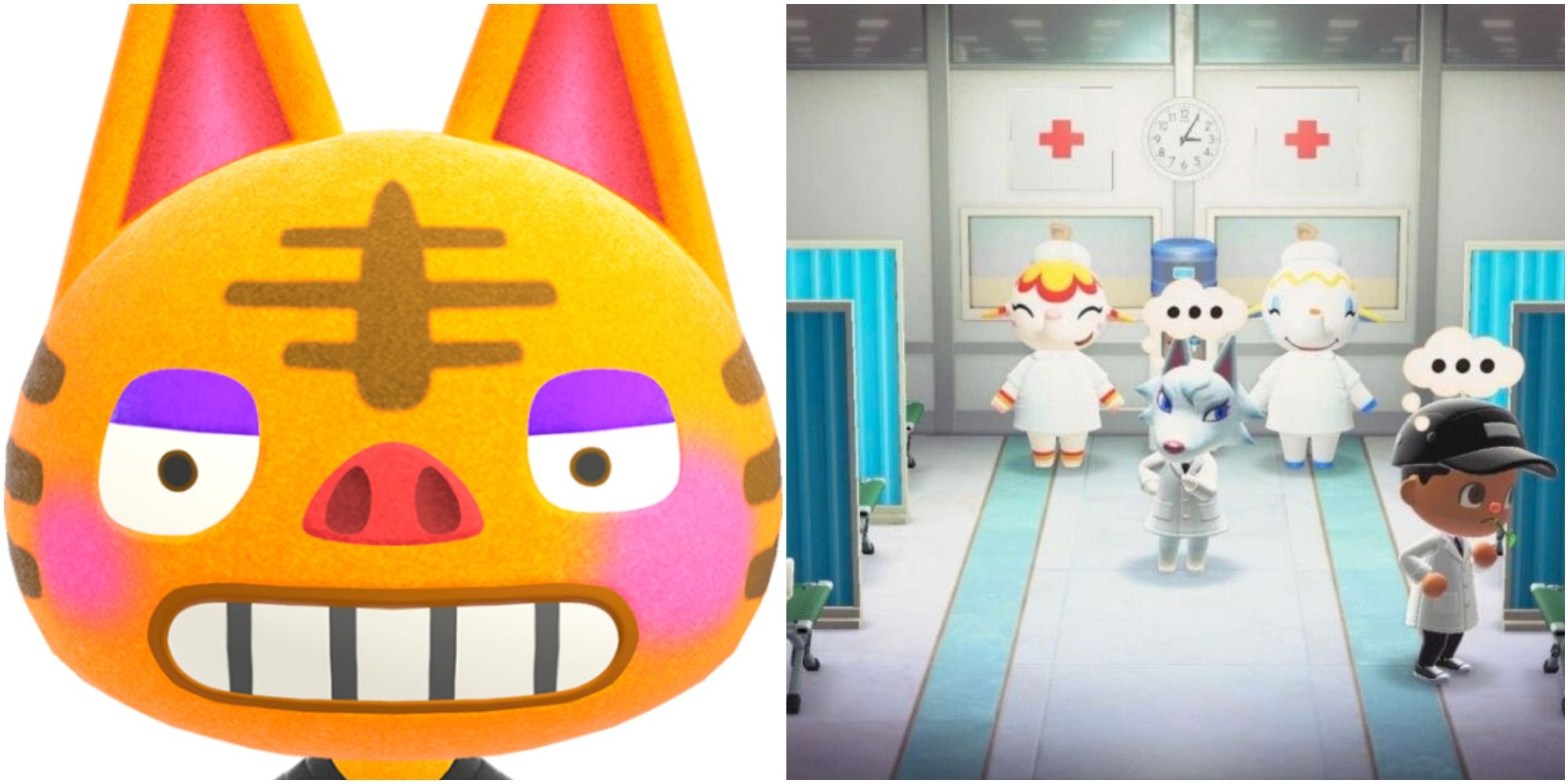 A split image of orange cat villager Tabby and a group of villagers in doctor coats in a hospital room