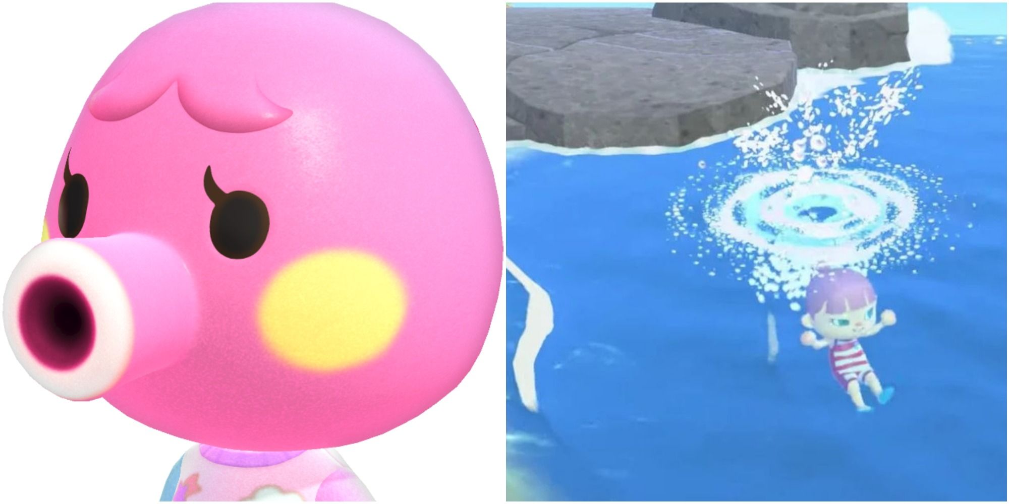 A split image of Marina and a Villager diving into water from a rocky area