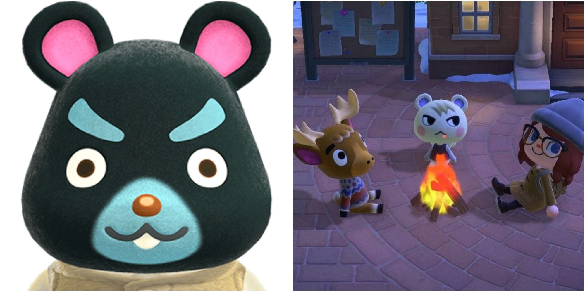 A split image of black hamster villager Hamphrey and a group of villagers sitting around a campfire in the island plaza