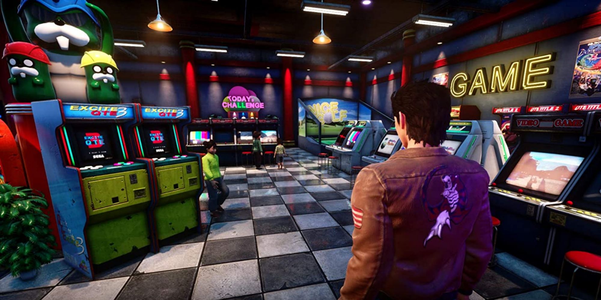 Ryo Hazuki walks into a bustling arcade in Shenmue 3