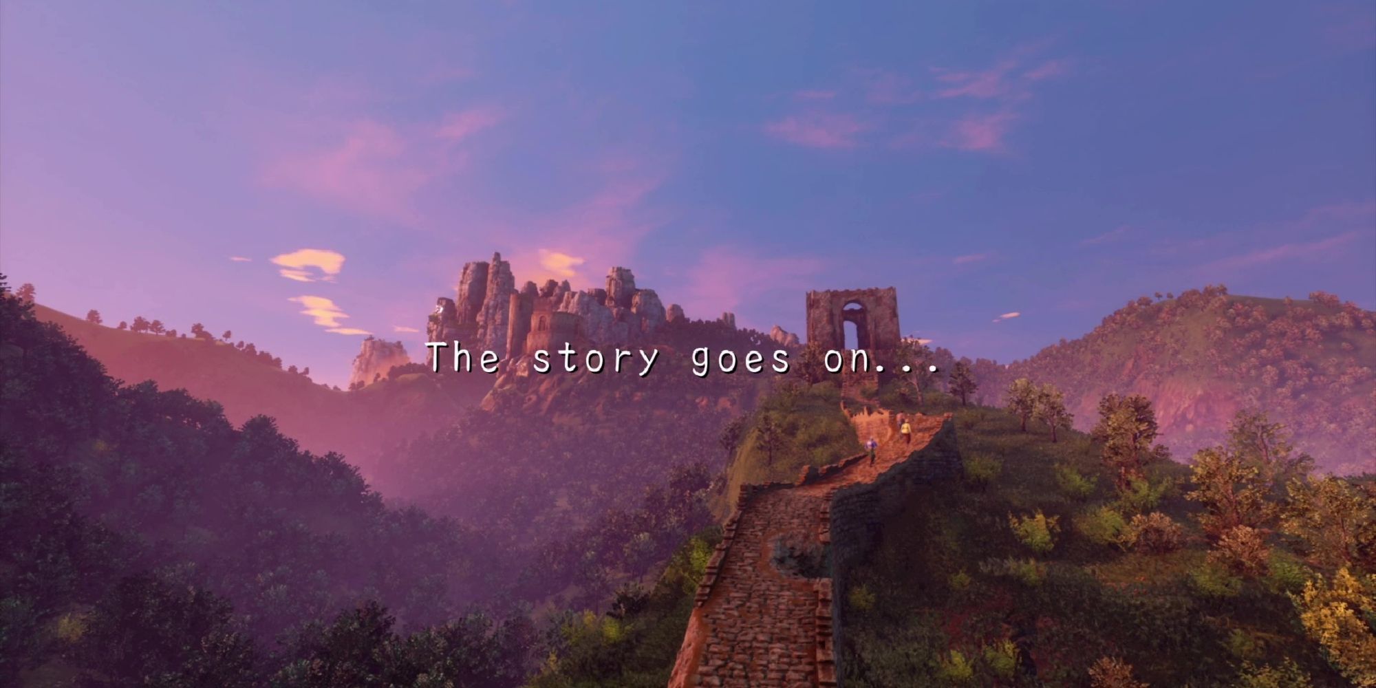 Onscreen text reads "The story goes on..." as Ryo and friends walk on the Great Wall Of China in Shenmue 3
