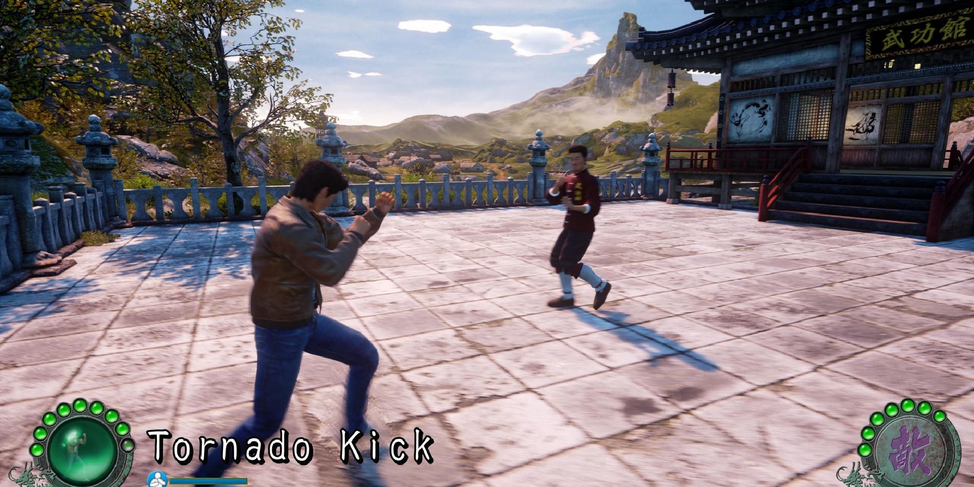 Ryo Hazuki winds up into a Tornado Kick while fighting an enemy in Shenmue 3