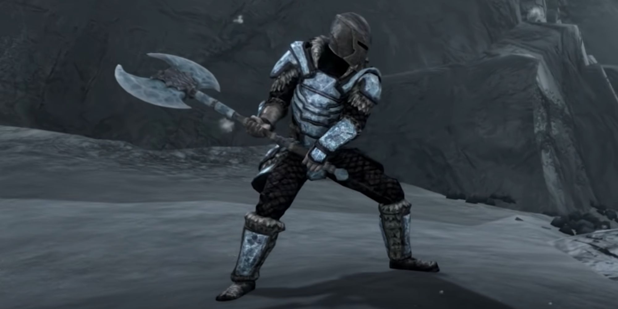skyrim_warrior_holding_a_stalhrim_battleaxe_in_the_snow