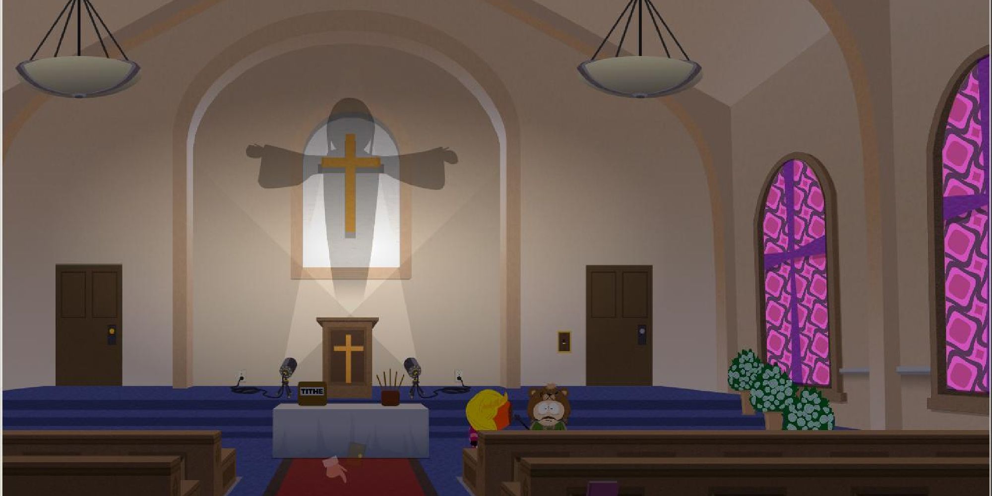A screenshot from South Park: The Stick of Truth, showing the characters in the church looking for Jesus
