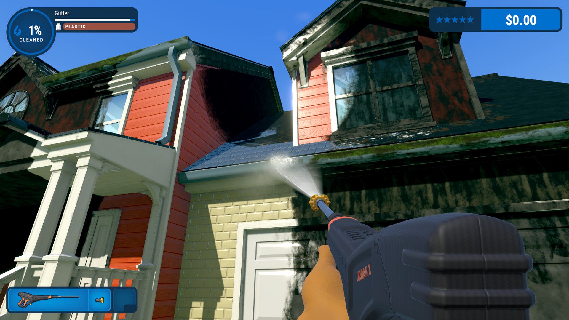 A high pressure washer is being aimed at a red house with white brick, the left half of the house is clean while the right half is covered in a black grime. 