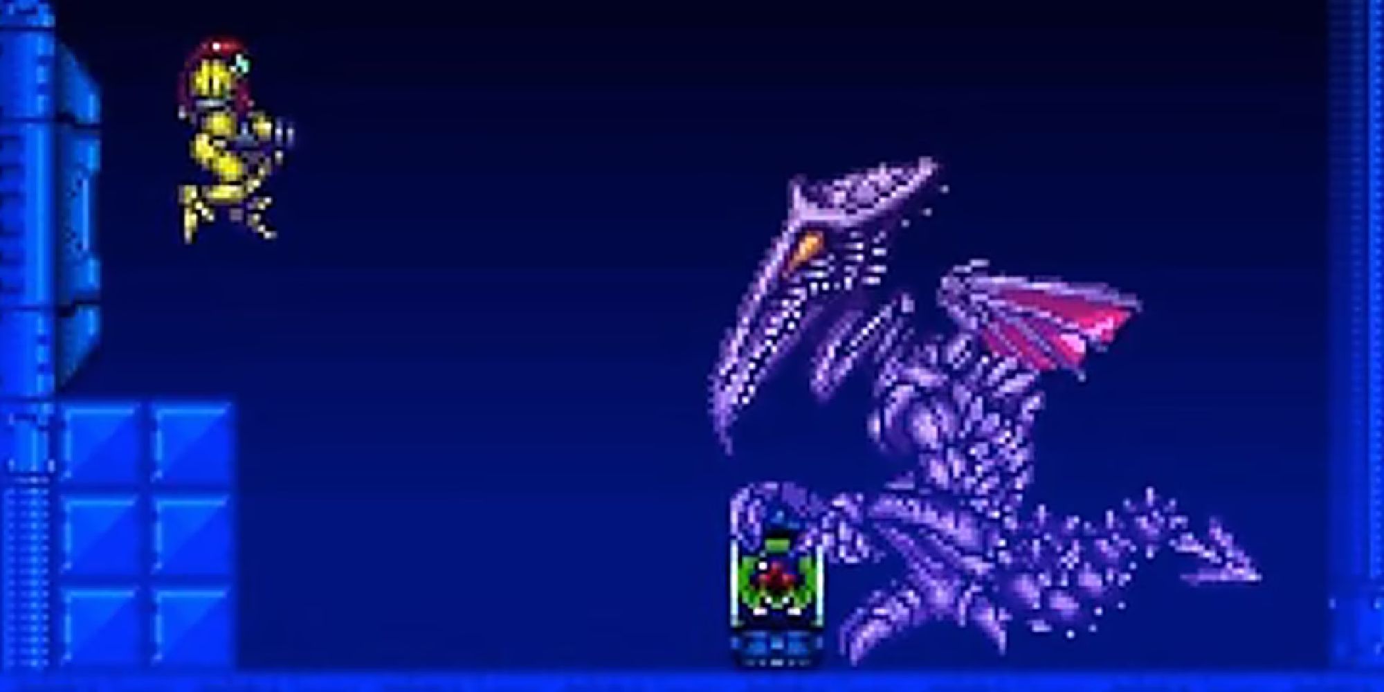 Samus battles Ridley for the baby Metroid on Ceres Station in Super Metroid
