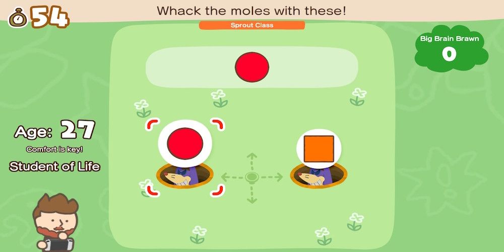 Big Brain Academy: Brain vs Brain a small bearded character avatar looks for the moles with the required shapes above their heads
