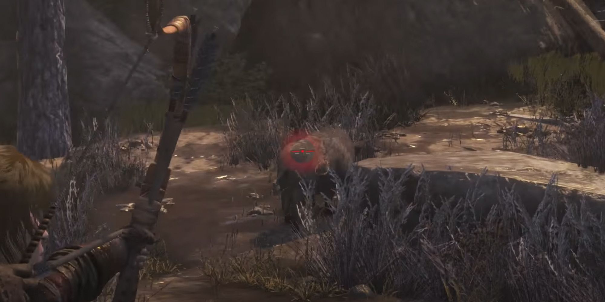 rise of the tomb raider lara aiming at a boar with her bow