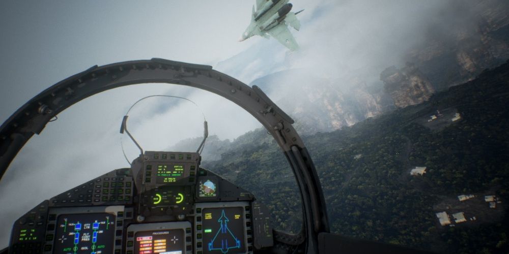 Ace Combat 7: In the cockpit of a jet, flying through the air in VR