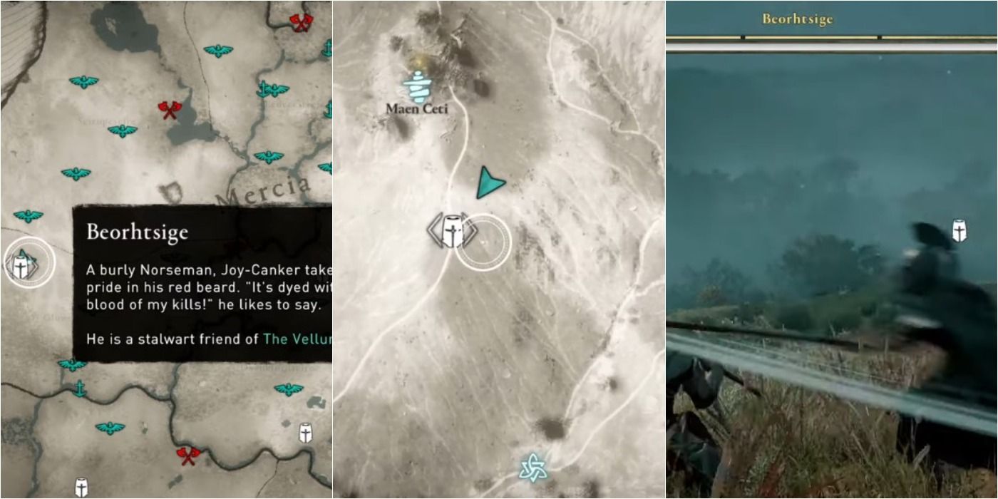 split image of Assassin's Creed Valhalla Zealot Beorhtsige location on map
