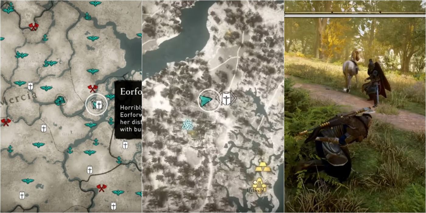 split image of Assassins Creed Valhalla Zealot Eorforwine location on map
