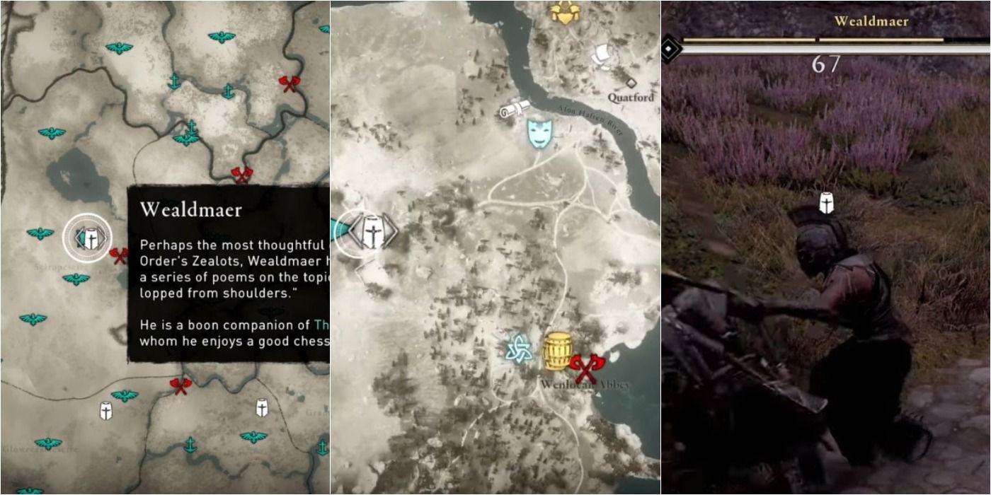 split image of Assassin's Creed Valhalla Zealot Wealdmaer location on map
