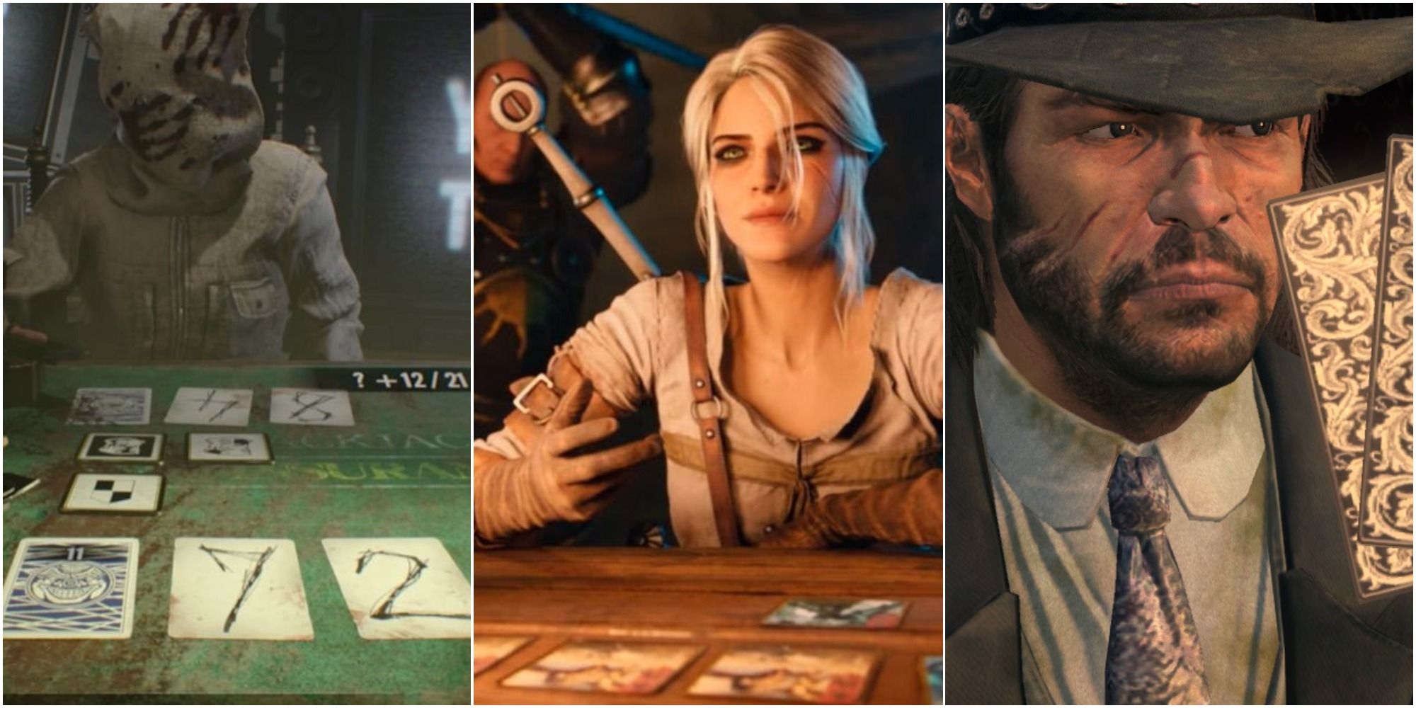 21 from Resident Evil 7 being played, a promo image of Ciri playing Gwent, and an in-game shot of John Marston holding cards, left to right