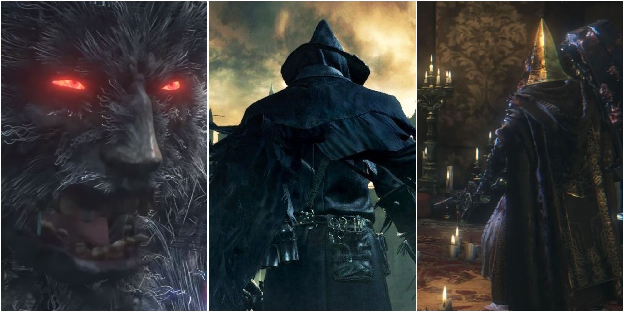 The afflicted beggar in beast form, promo art of Eileen the Crow, and Executioner Alfred in Cainhurst, left to right