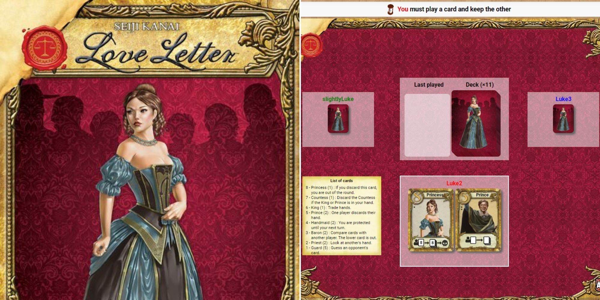 Love Letter Card Game Cover Art and a screen shot for Love Letter's gameplay on Board Game Arena.