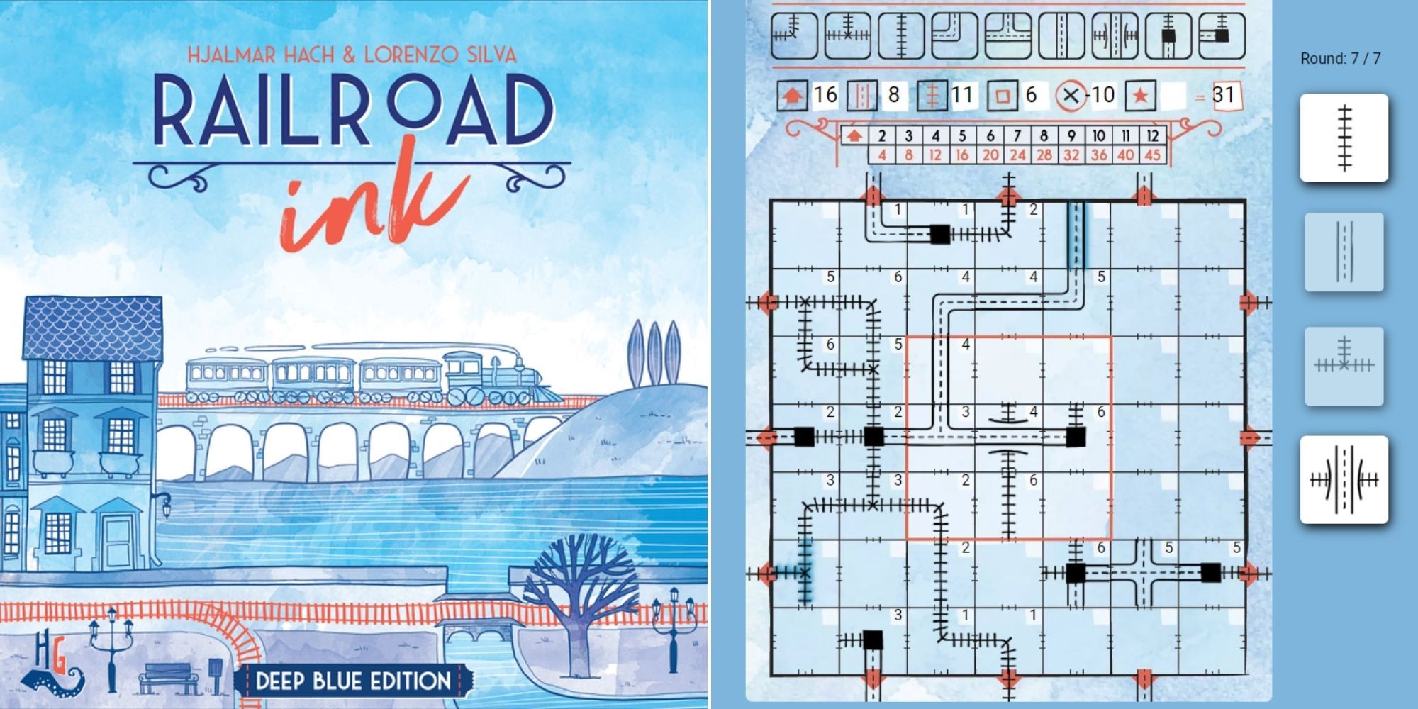 Railroad Ink Deep Blue Edition cover art, and gameplay shown from Board Game Arena.