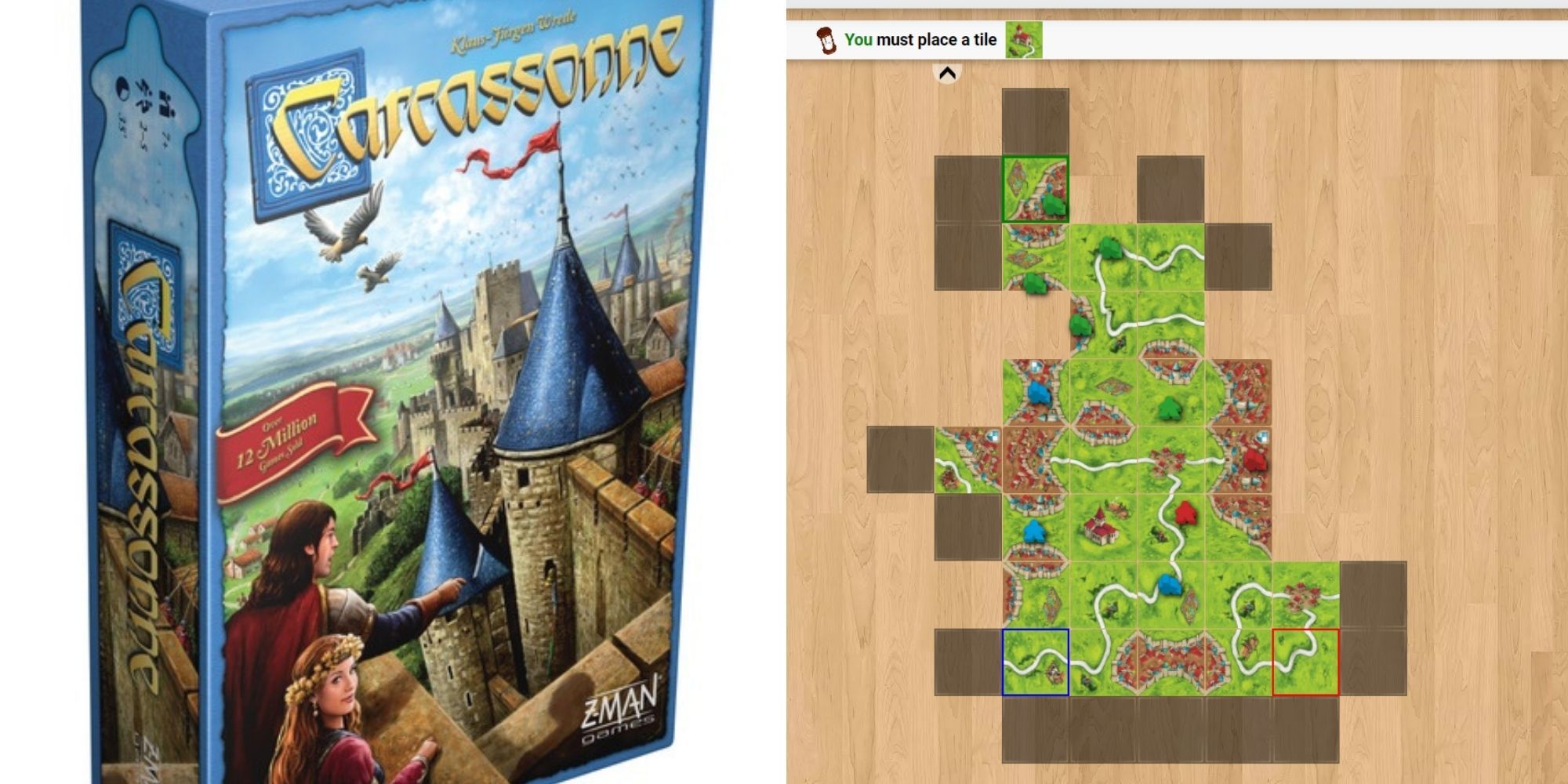 Carcassonne Board Game Box art and an image of Carcassonne's gameplay in Board Game Arena.