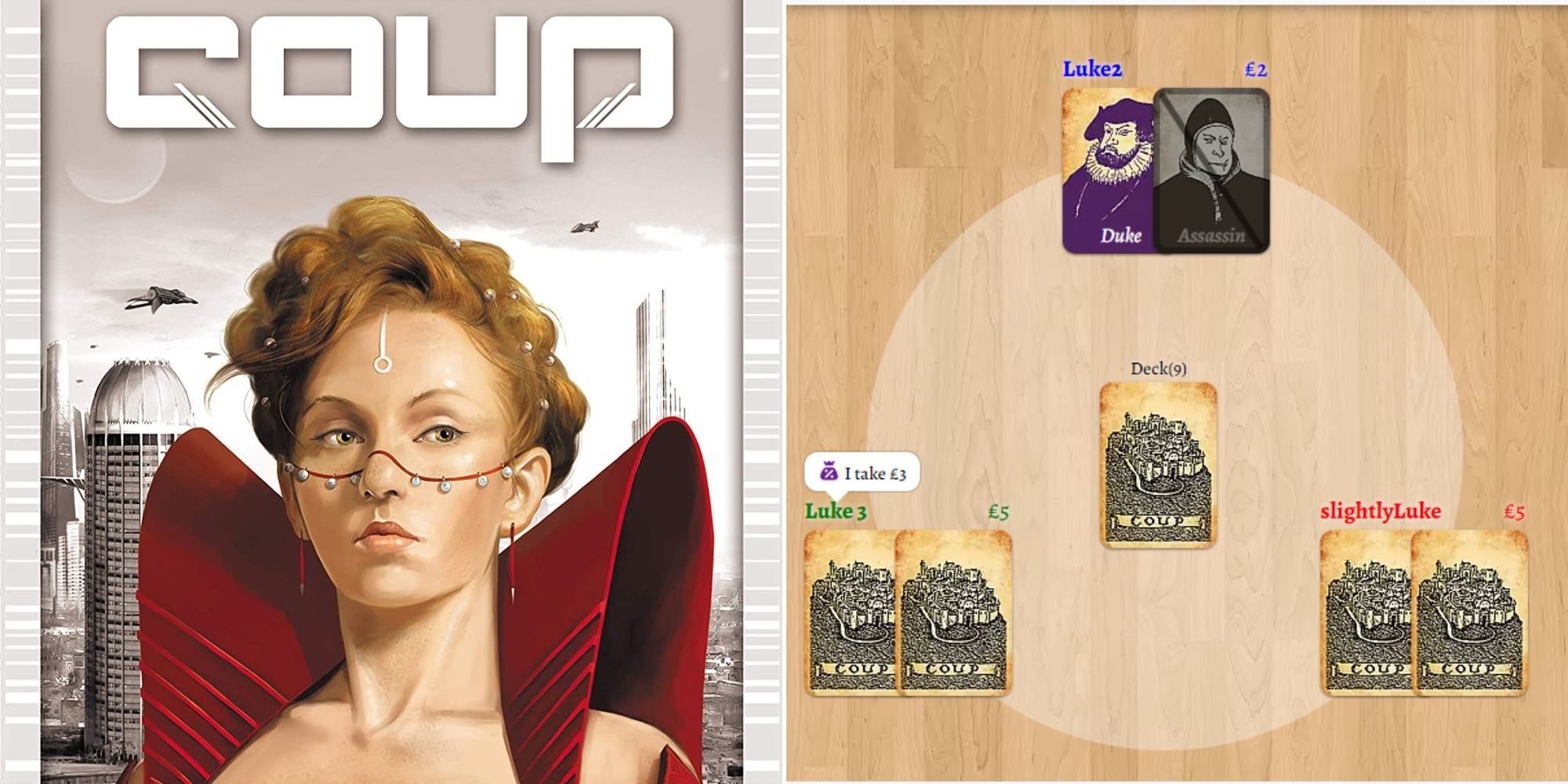 Coup Board Game box art and gameplay as shown on Board Game Arena