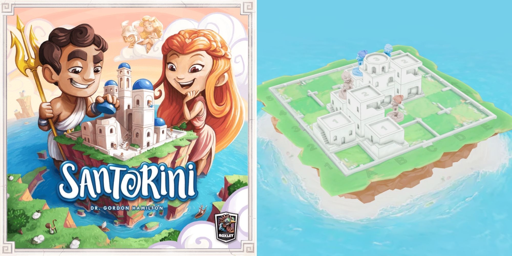 Santorini board game box cover art, and Santorini 3D gameplay from Board Game Arena.