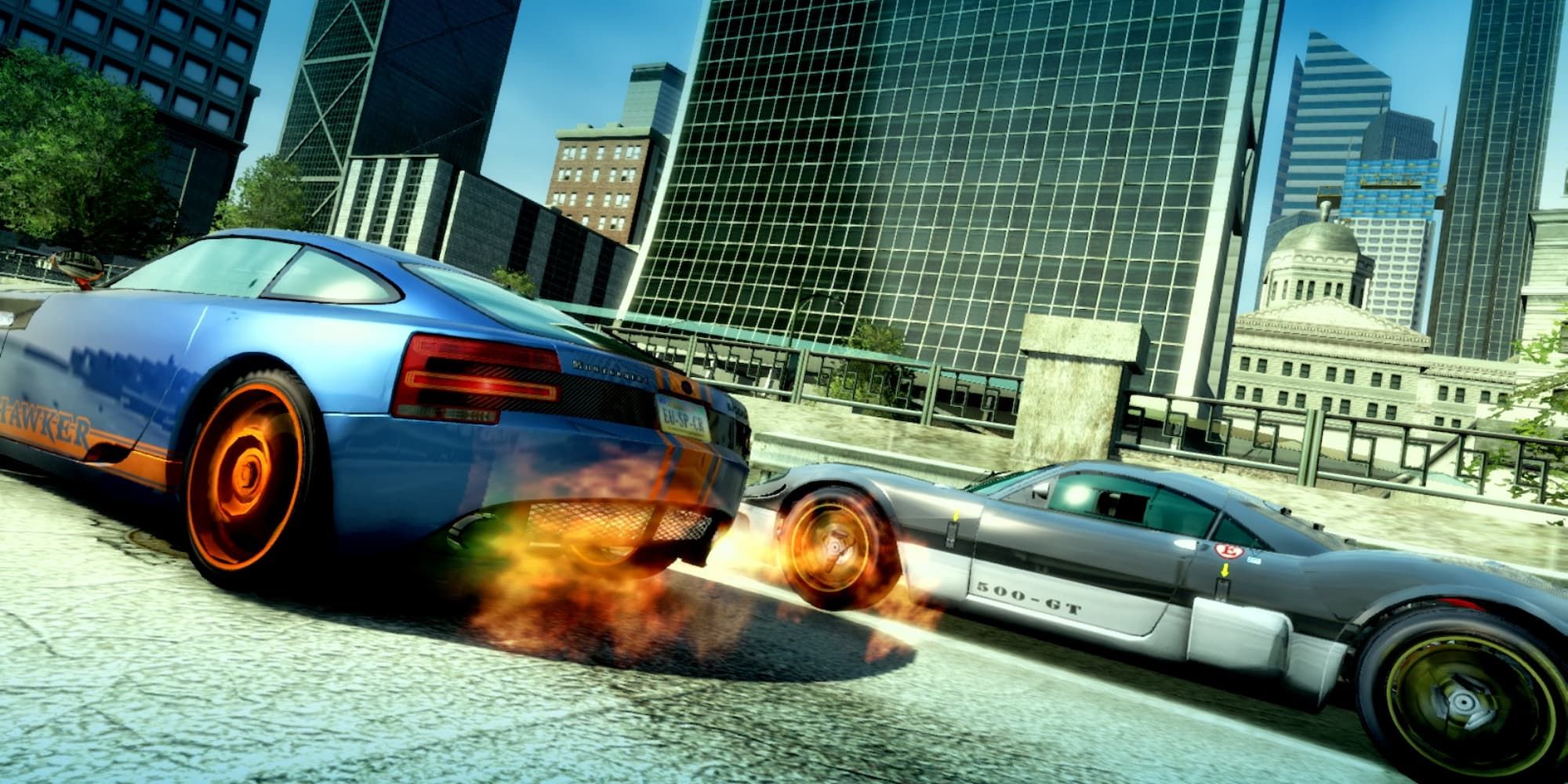 Side view of a 500 GT and a Hawker racing in Burnout Paradise