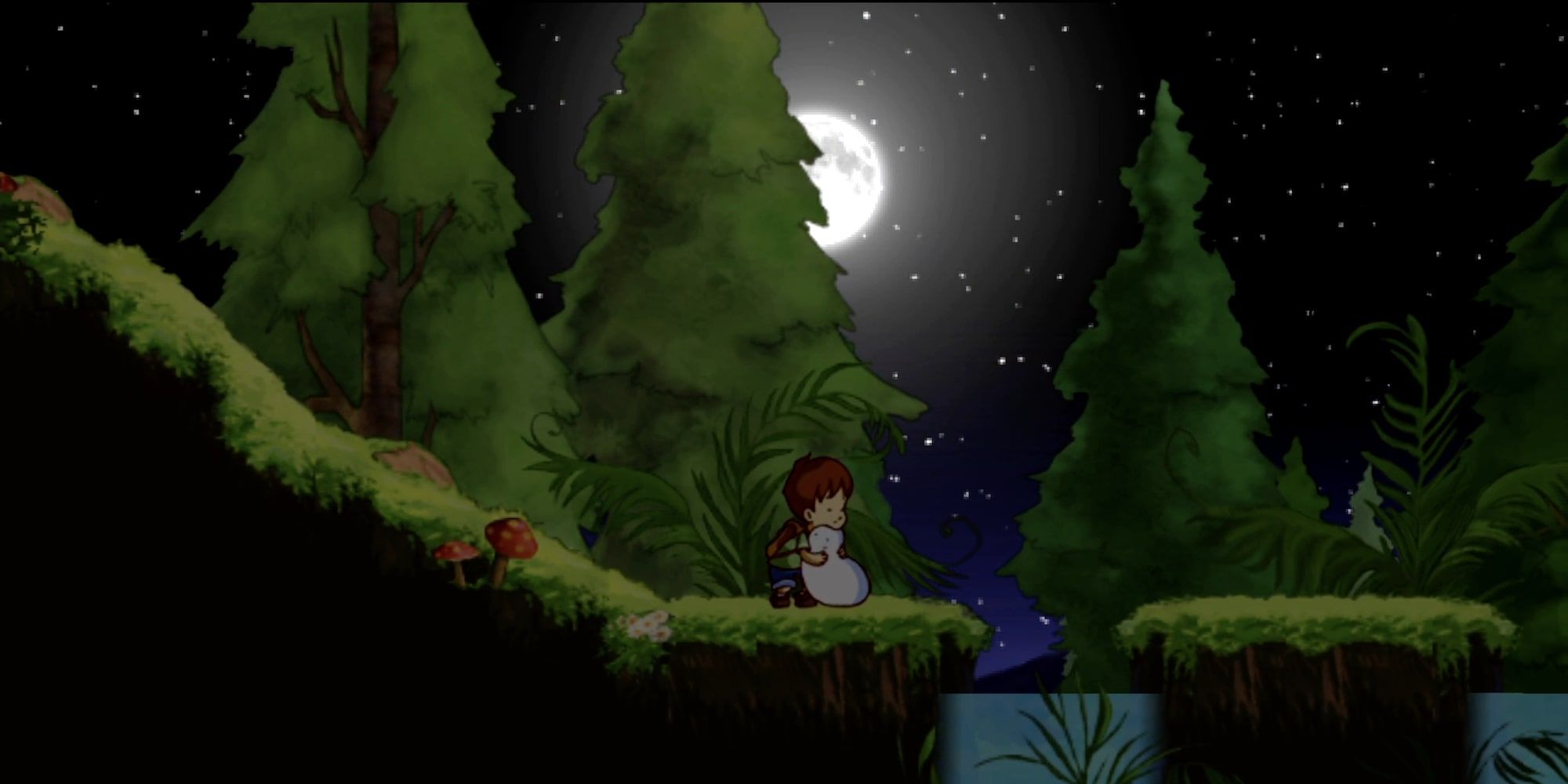 Boy hugging blob in forest at night A Boy and His Blob screenshot